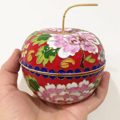 Китайский стиль Пекин Аутентичные cloisonne украшения в форме яблок коробка медные шины шелковая эмаль подарок Размер 4 дюймов