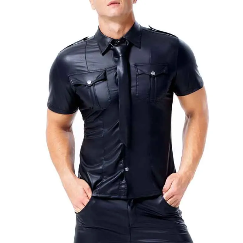 Men's Shirts PU Leather Short Sleeve Slim Fit Tshirts Male Dance Stage Clubwear T-shirt Men Gothic Streetwear Tops Tee Plus Size (1)
