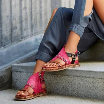 

Summer Multiple Buckle Rivets Peep Toe Ankle Wrap Women Sandals Open Toe Metal Back Strap Flat Heels Lady Shoes