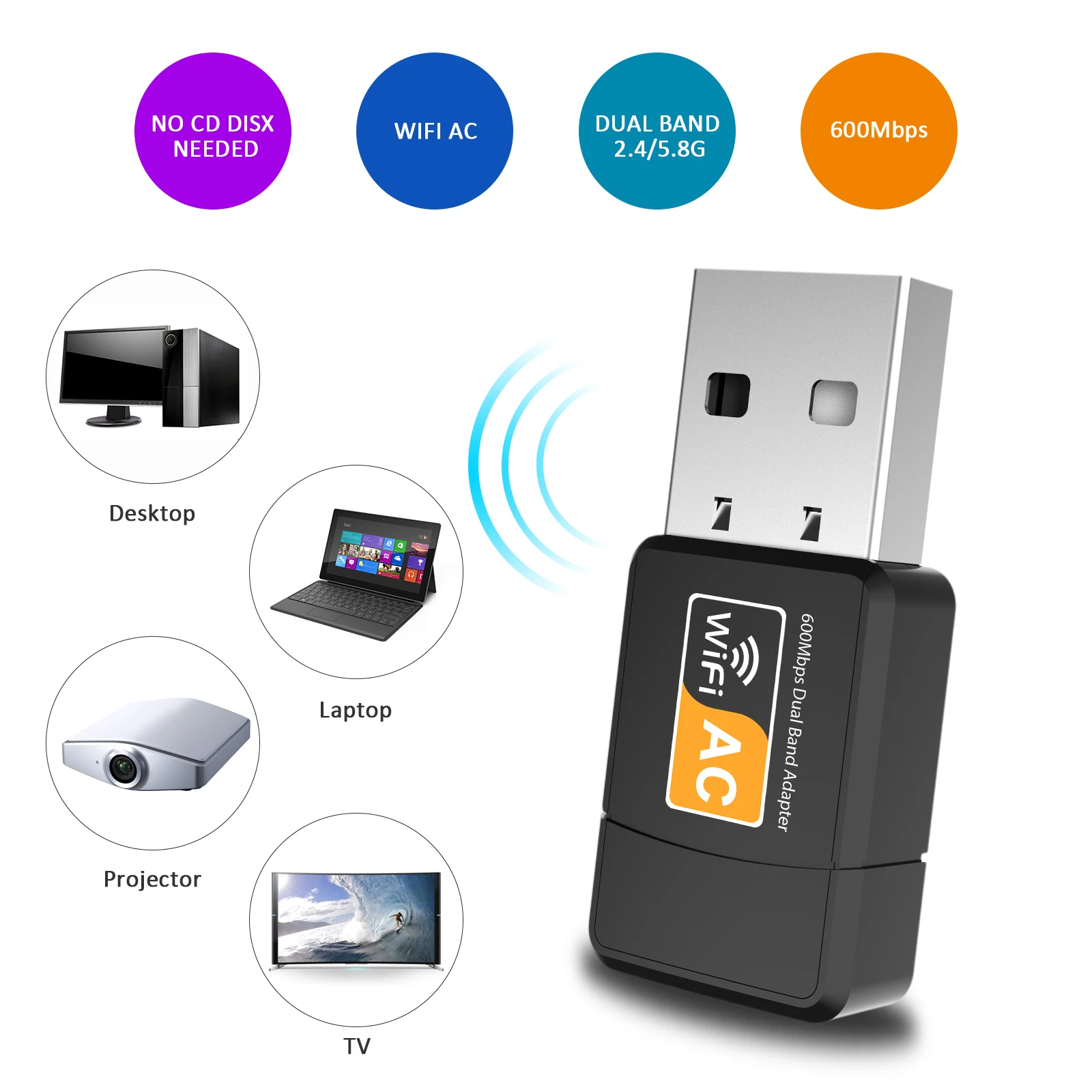 Wifi Adapter 600mbps Wireless Network USB Dual-band 2.42GHz/5.8GHz LAN Card 802.11ac Suitable For Desktop | Компьютеры и офис