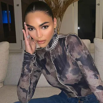 

Sexy Bodysuit Ruched Patchwork Camouflage Ladies Bodysuits Long Sleeve Turtleneck Camo Bodycon Bodysuit Slim Mesh Women Rompers