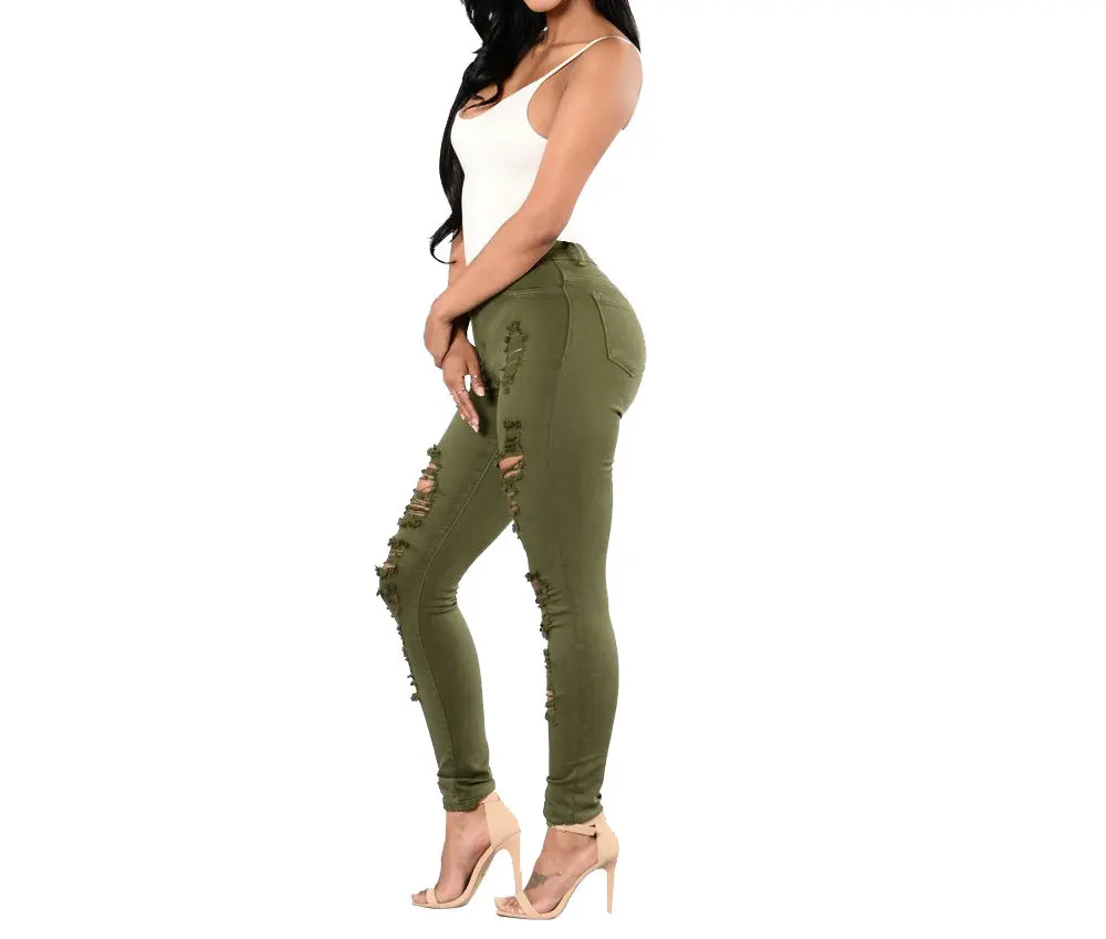 Europe and America washed holes slim jeans multi-color feet pants trend high-elastic pencil pants mother loaded trousers