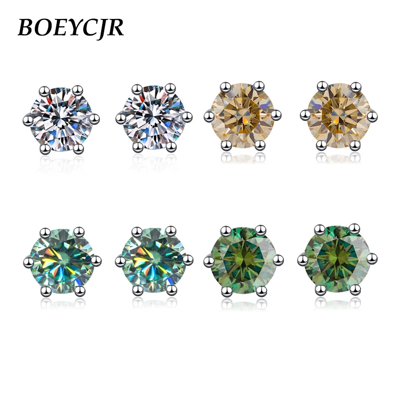 

BOEYCJR 925 Classic 6 prongs Silver 0.5/1/2ct blue Moissanite VVS1 Fine Jewelry Diamond Stud Earring for Women Gift