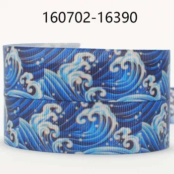 

9/16/22/38/50/75 mm New 50 yards 7/8 " 22 mm blue big wave pattern printed grosgrain/FOE ribbon hair bow DIY 160702-16390