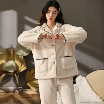 

Autumn and winter Korean style long-sleeved pajamas flannel thickened 2XL