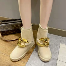 Botas de neve plana feminina moda inverno de sola grossa corrente de ouro botas de tornozelo decorativas ao ar livre de pelúcia quente botas de neve feminina 2021