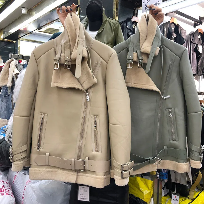 4xl 5xl размера плюс Женская Овчина пальто осень зима корейский Свободный теплый бархат толстый искусственная кожа Мото куртка женская верхняя одежда