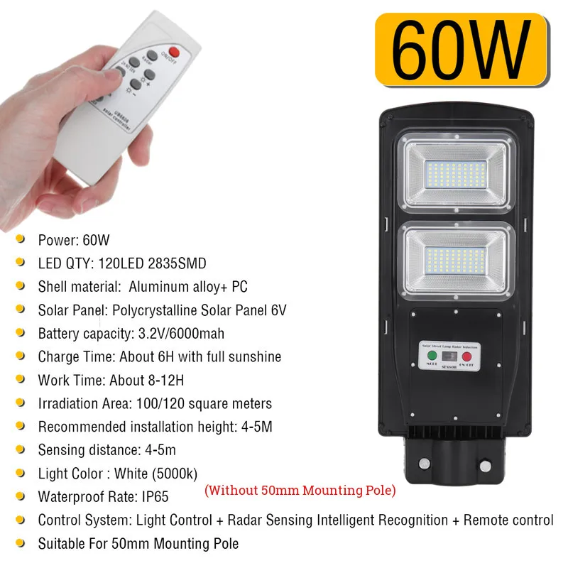 

Mising LED Street Light 60W LED Solar Light R adar PIR Motion Sensor Wall Timing Lamp+Remote Waterproof for Plaza Garden Yard