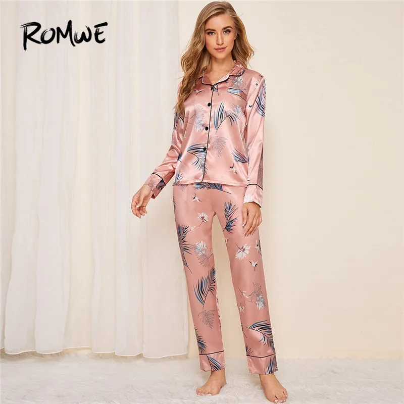 ROMWE атласная пижама с принтом журавлей и листьев для женщин, осенняя Элегантная пижама с длинными рукавами, розовая пижама на пуговицах, пижамный комплект для женщин