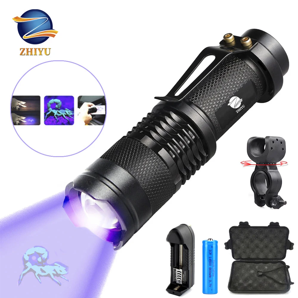 

UV Flashlight Ultra Violet Light With Zoom Function Mini UV Black Light Pet Urine Stains Detector Scorpion Use AA/14500 battery