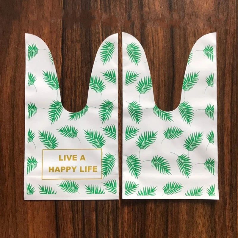 Green leaves 50 шт./лот 13x22 см милый кролик ухо пластиковый мешок печенья сумки подарочные пакеты для конфет Печенье закуски выпечка посылка день рождения декор 66 - Цвет: Green leaves