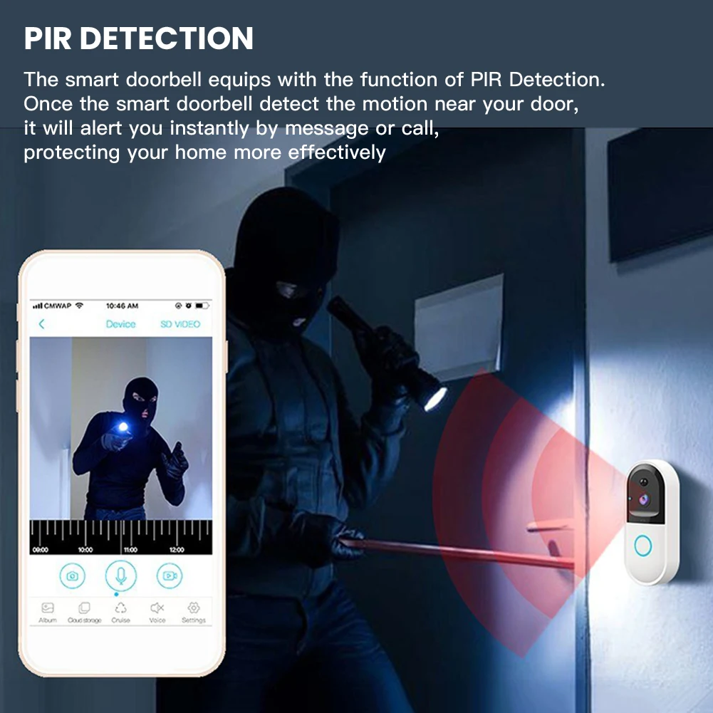 

WiFi Video Doorbell Wireless Home Security Camera HD 720P Visual Real-time Intercom Video Bell with 166 Degree Lens