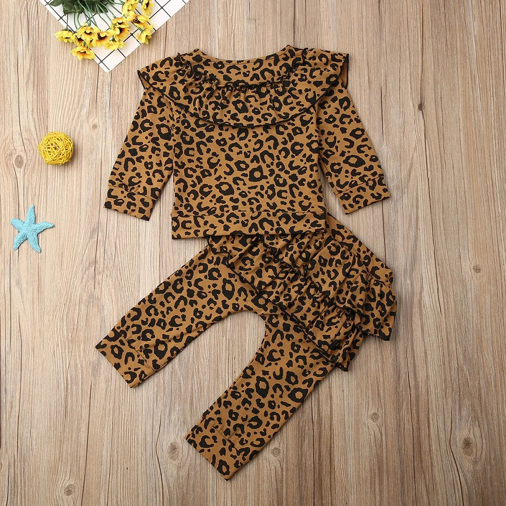 Г., новая модная осенняя одежда для маленьких девочек топ с рюшами, блузка брюки с бантом леопардовая Детская осенняя одежда, комплект из 2 предметов