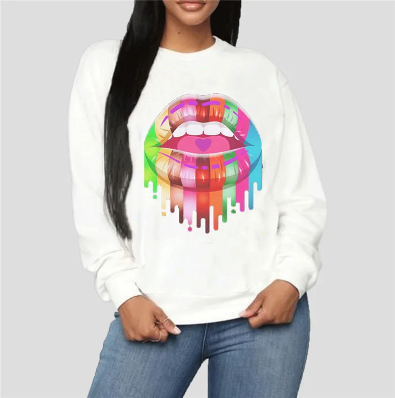 

Women Lip Print Pullover Top Casual Style Hoodie Spring Autumn Loose Long Sleeve Round Neck Sweatshirt Tops Clothing For Women