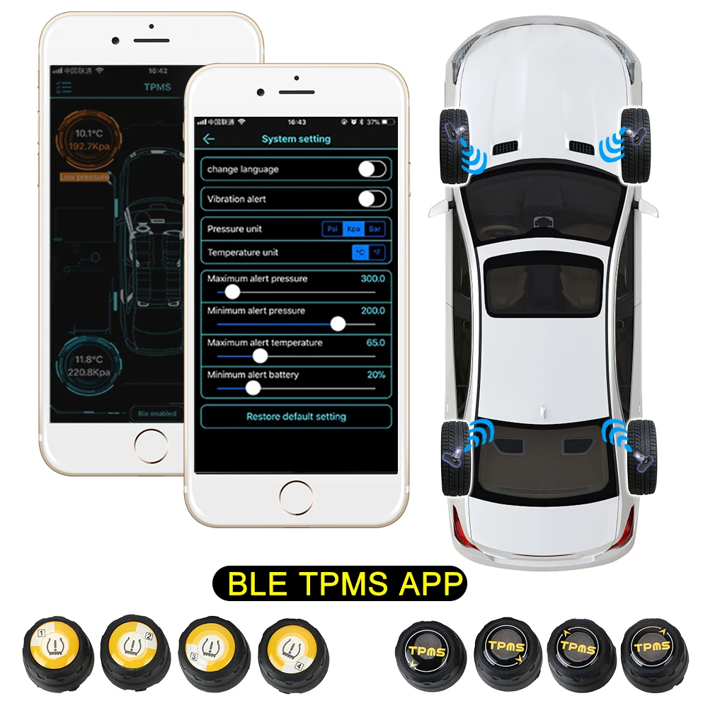 Car Bluetooth 4.0 TPMS Monitor Alarm System Andriod IOS Tire Pressure 4 Sensors 