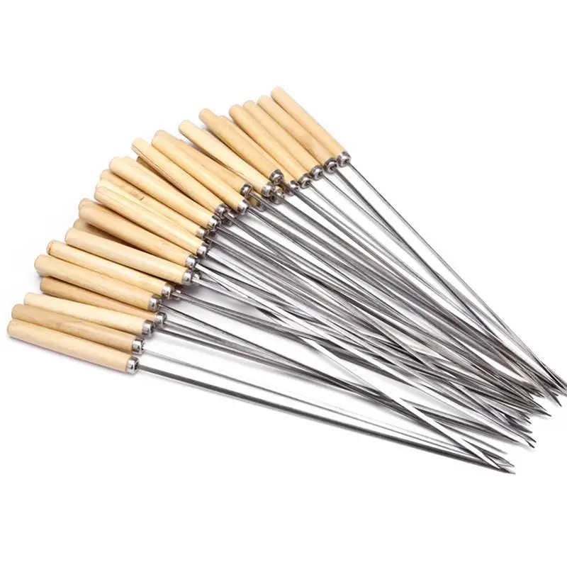 20Pcs/Set Barbecue Skewer Wooden Handle Stainless Steel Kabob Skewer BBQ Stick BBQ Tools Accessories For Outdoor Camping