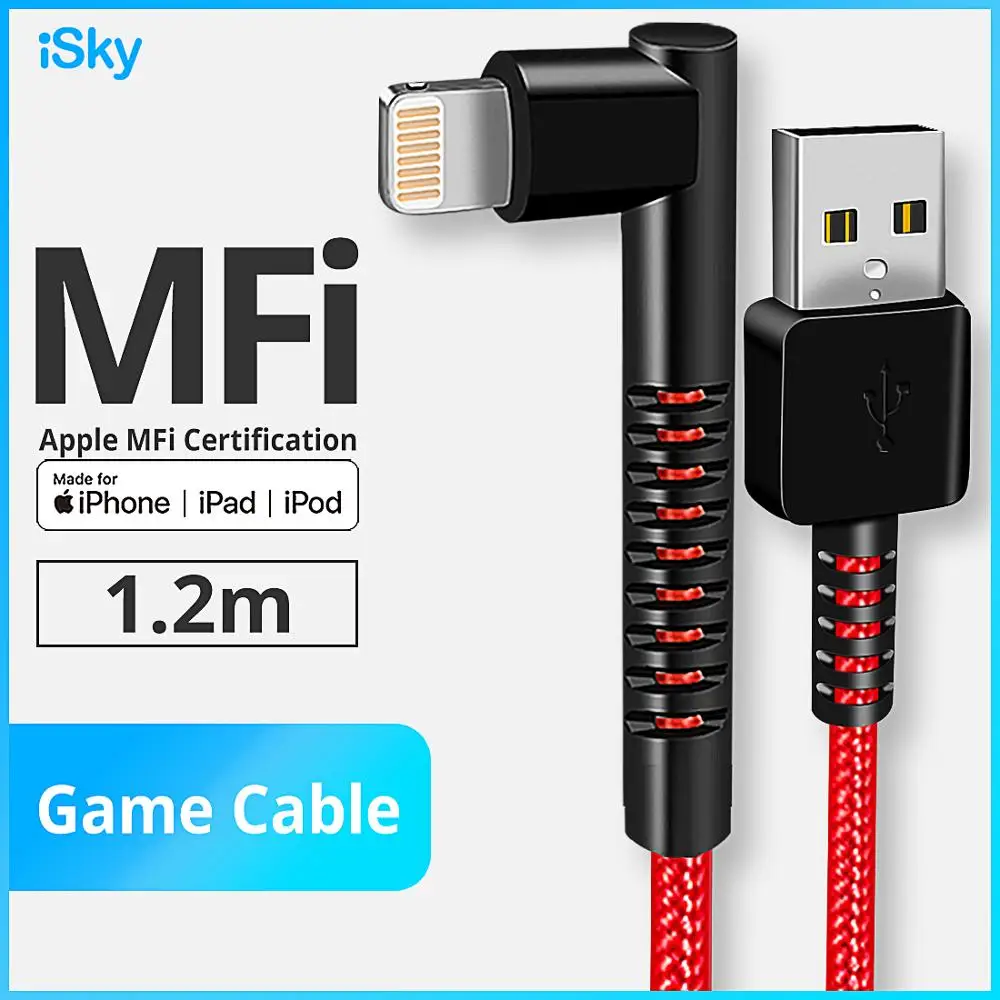 ISky 90 градусный MFi кабель игровой для iPhon X8765 SE подсветки USB зарядное устройство