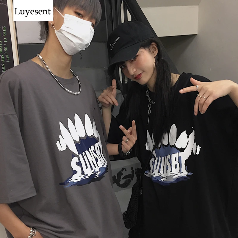 Cartoon Tooth Letter Print Woman T-shirts 2020 Summer Unisex Man Hip-hop Short Sleeve Basic T-Shirt Street Black Dark Gray Top