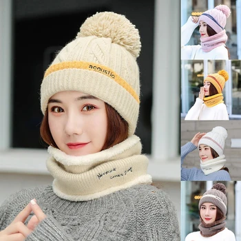

2019 Womens Hats Scarf Warm Fleece Inside Beanie Girls Winter Cap For Women Chenille Pompom Hat Female Knitted Caps Ski Cap Set