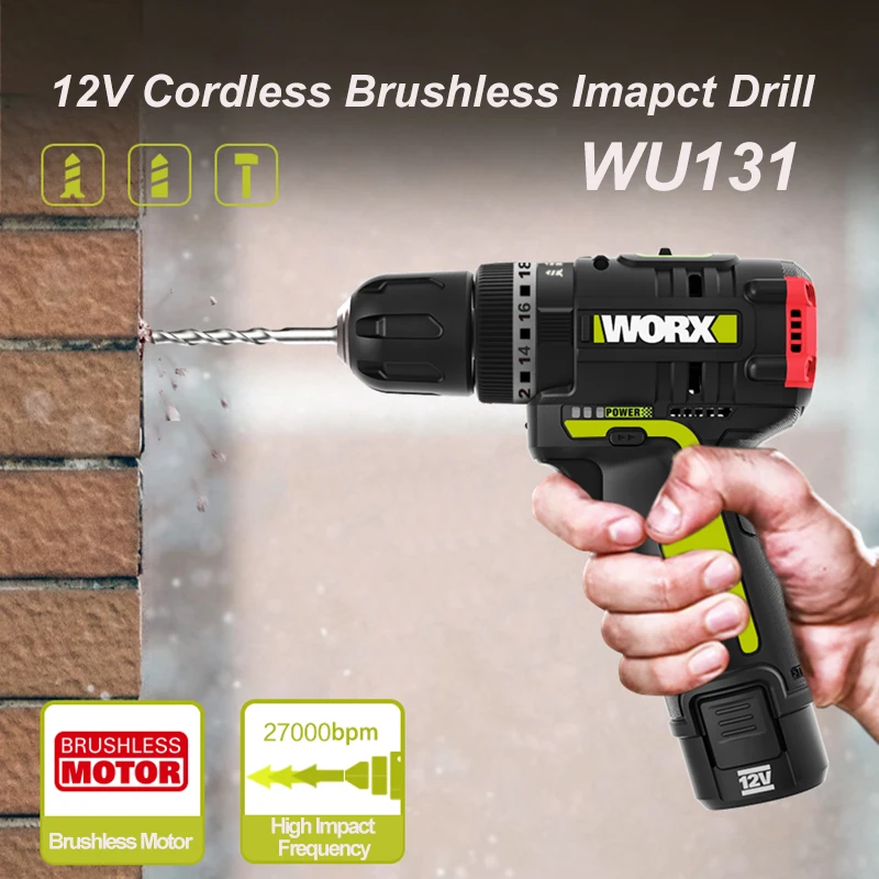WORX WU131 12V Brushless Motor Cordless Electric  Drill Screwdriver  Impact Hammer Drill 30N.m Power Tools