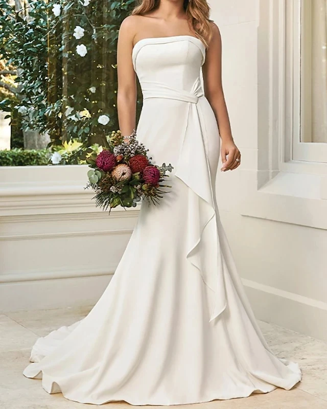

Simple Mermaid Satin Beach Wedding Dresses Strapless Ruffles Sweep Train Bridal Gowns vestidos de mairage
