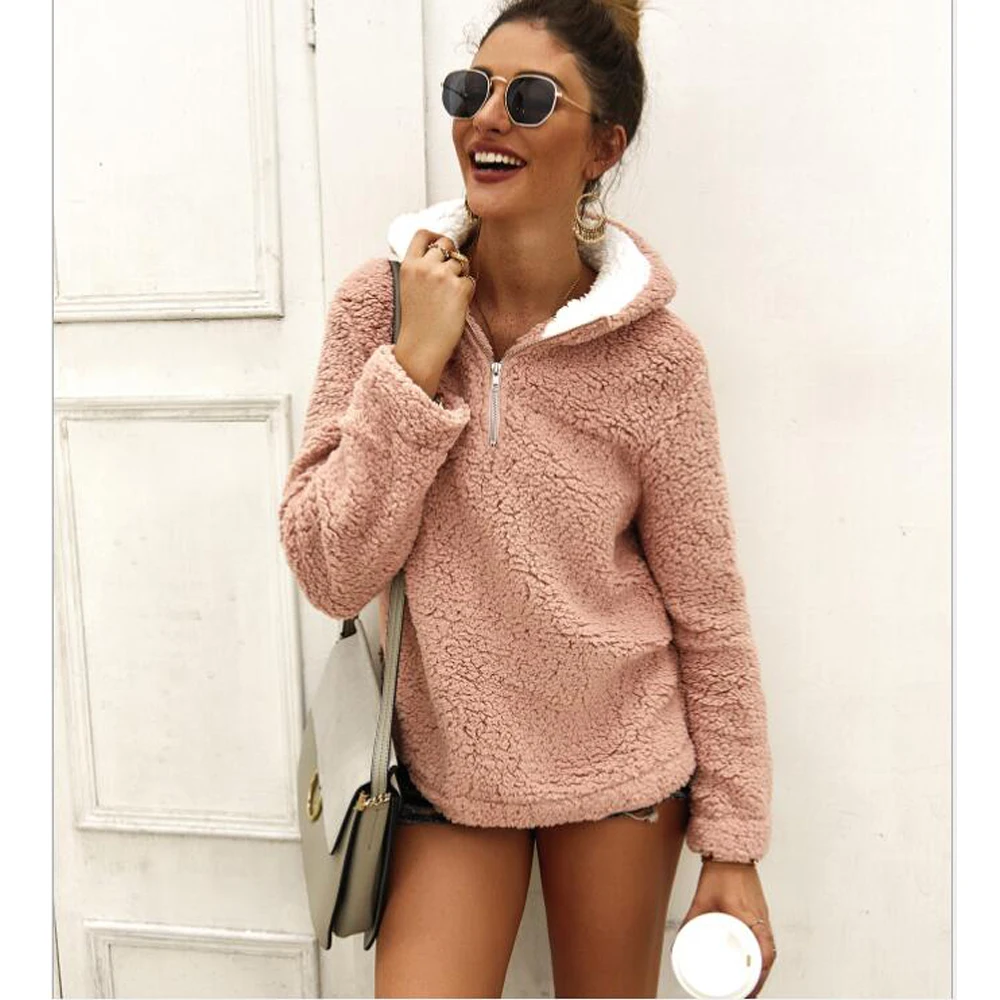 

Turtleneck Long Sleeve Streetwear Cropped Hoodie Women Autumn Winter Pullover Sweatshirt Plus Zipper Faux Fur Fluffy Sweatshirt