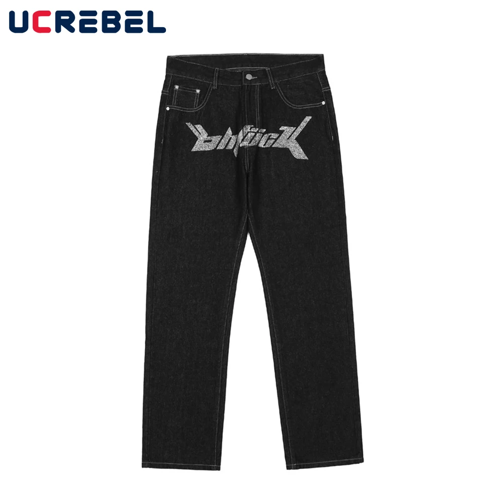 Hot Silver Print Denim Pants Mens High Street Loose Straight-leg Pants Streetwear Casual Jeans y2k Trousers Men