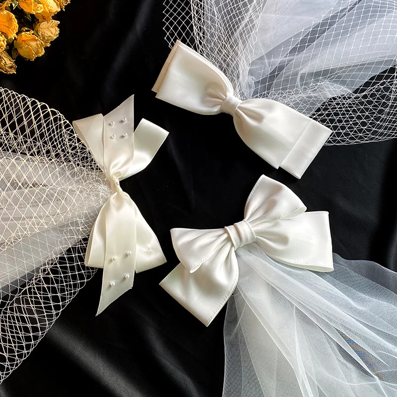 Bow Veil Wedding Trip Shoot Photo White Satin Mesh Barrettes Bridal Hair Accessories