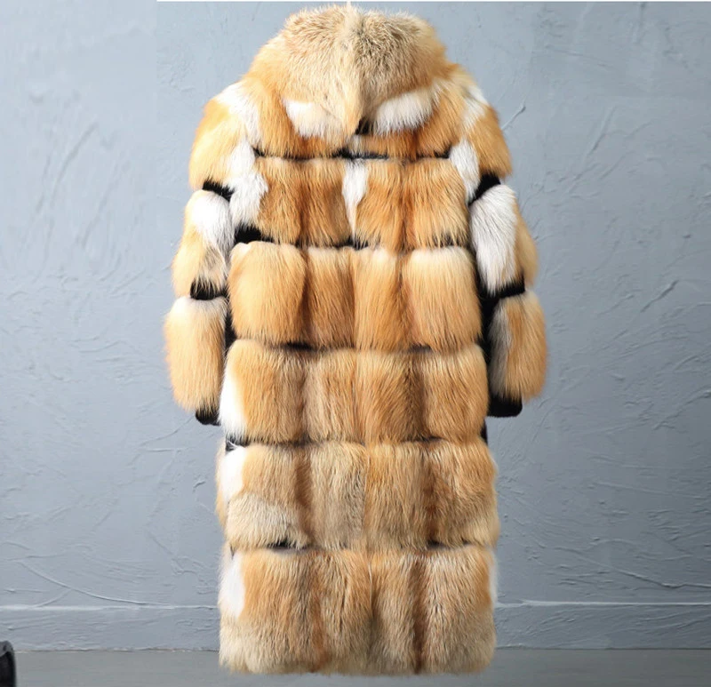 Натуральное пальто из натурального меха Красной лисы, Мужская зимняя Роскошная куртка из меха лисы длиной 110 см, настоящее толстое теплое пальто с капюшоном FM-001