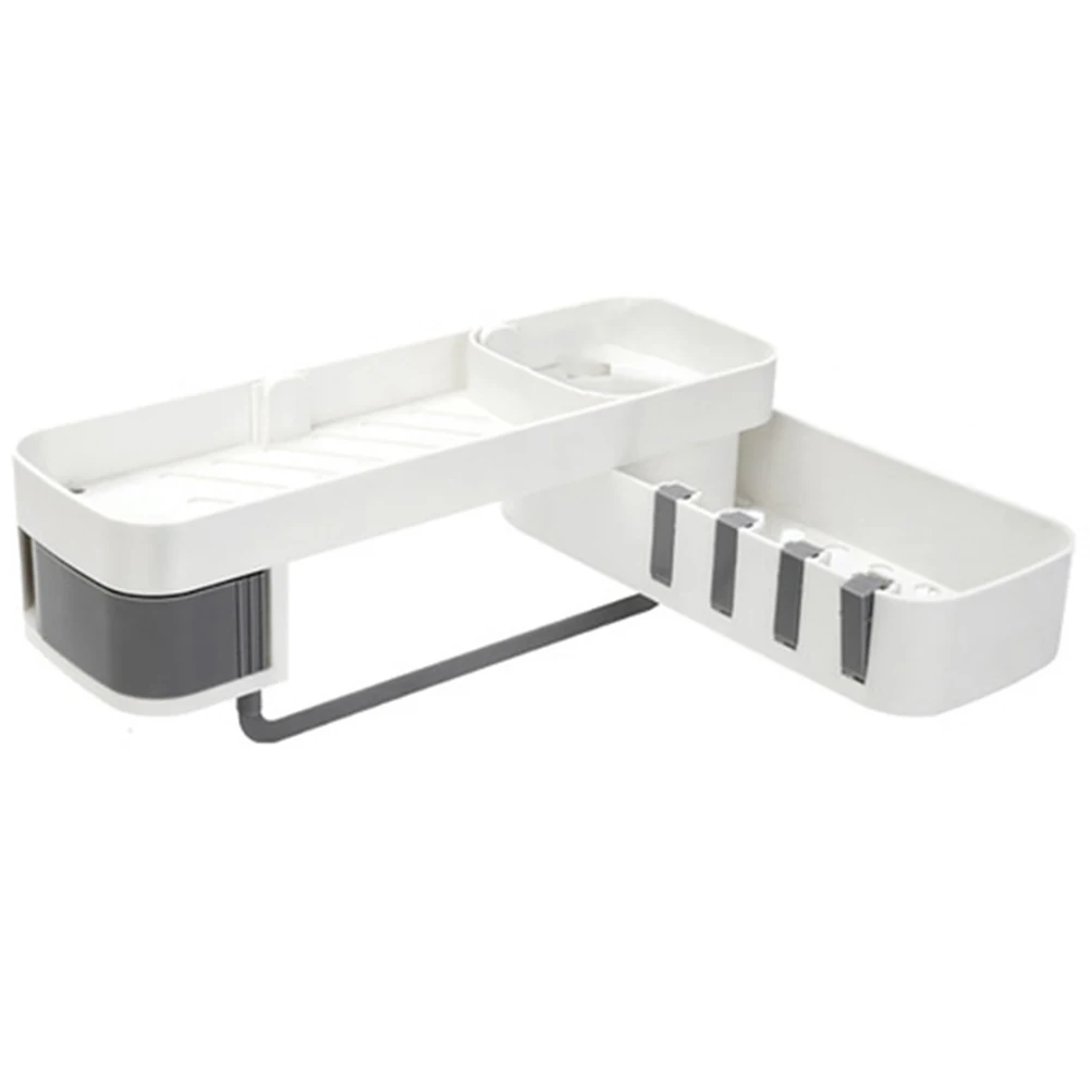 

Double Layer Corner Rotatable Quick Drain Shower Holder Organizer Adhesive Kitchen Storage Bathroom Shelf Space Saving