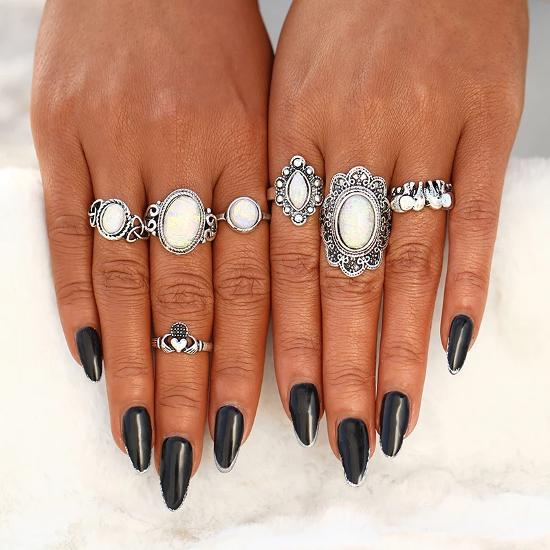 Бохо акриловый набор серебряных колец для женщин круглые женские кольца на пальцы фаланги индивидуальность девушка себе ювелирные изделия - Цвет основного камня: MERJ566