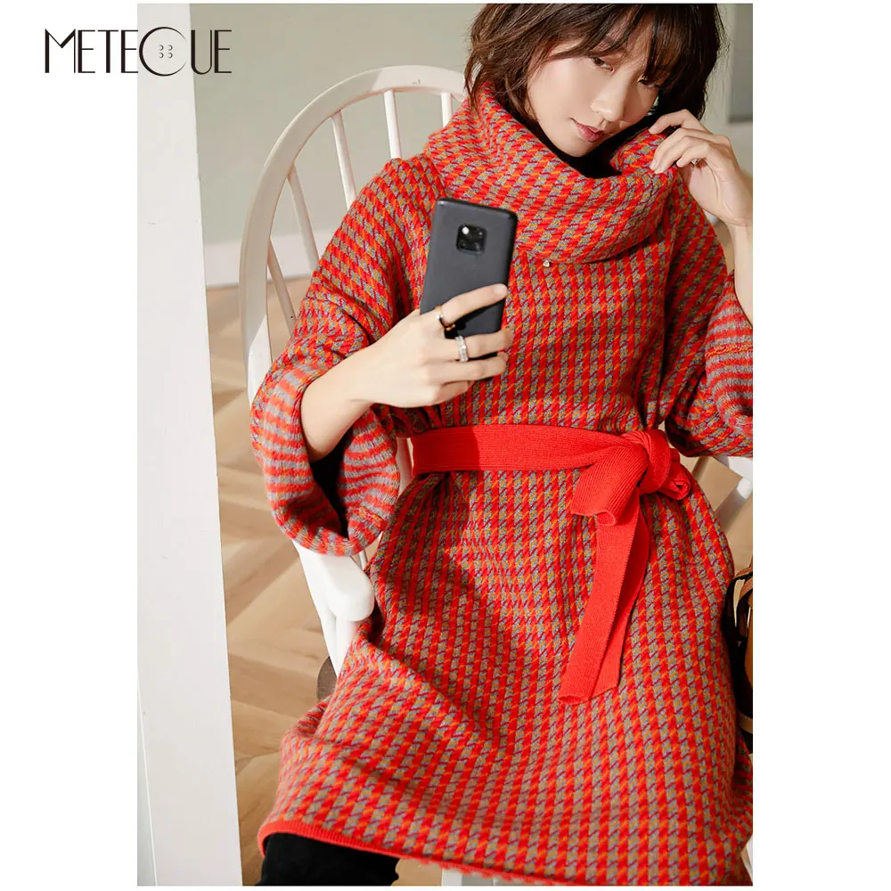 Шерстяное кашемировое вязаное платье-свитер с шарфом и поясом 2019 осенне-зимнее