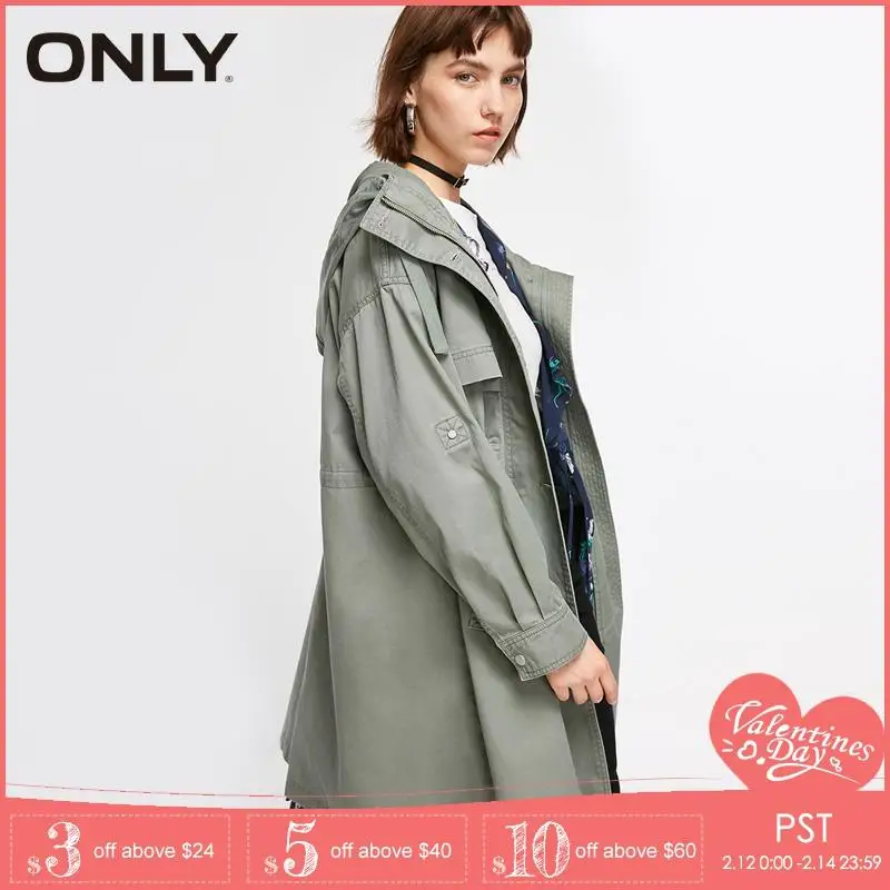 Goede Alleen Losse Capuchon Trekkoord Katoenen Lange Trenchcoat Windjack | 118336573