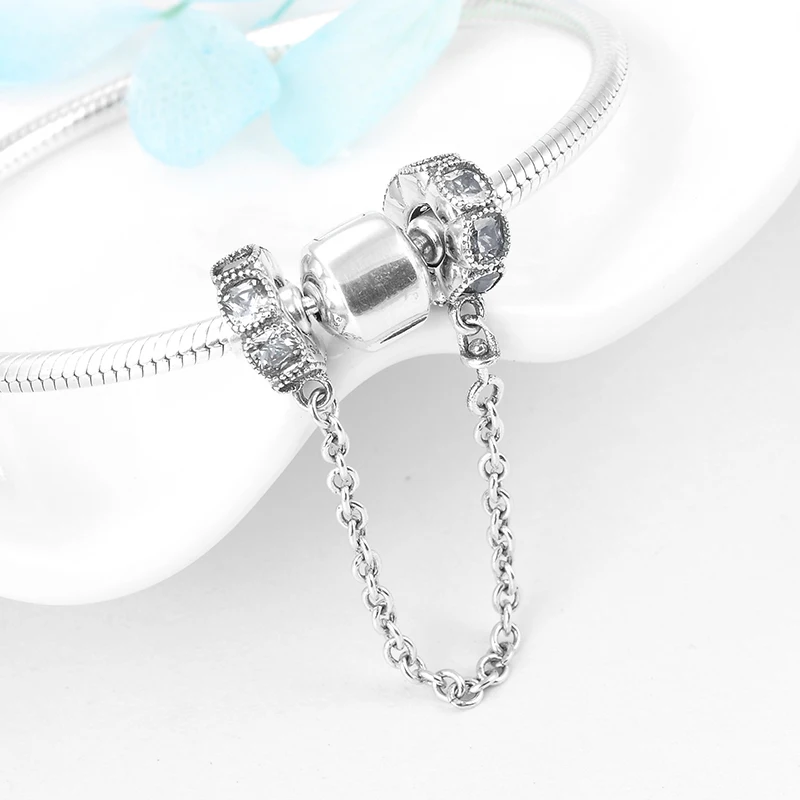 925 стерлингового серебра Квадратные бусины с фианитом безопасности цепи Шарм для женщин подходят оригинальные Pandora Подвески DIY браслет