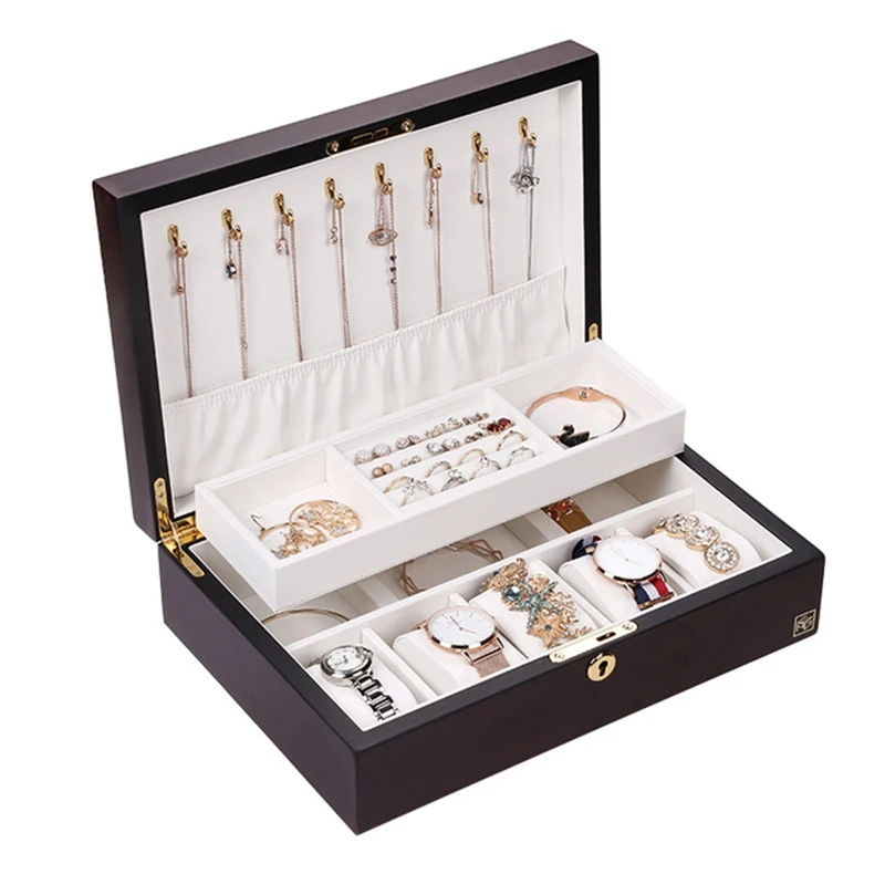 

New Ring Necklace Earrings Large Capacity Storage Case Wooden Jewelry Box Women with Lock Jewelry Display Double Layer