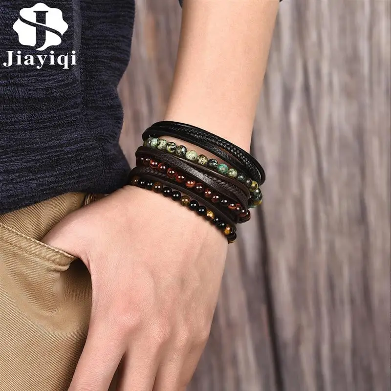Jiayiqi многослойный браслет, натуральный камень, натуральная кожа, плетеный браслет, нержавеющая сталь, магнитная застежка, браслет, мужская бижутерия