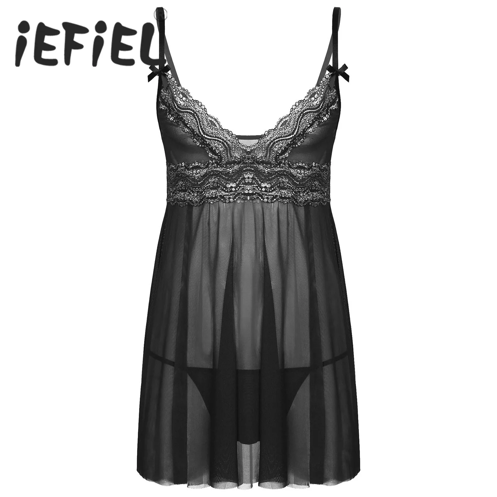 iEFiEL Mens Sissy Sheer Lace Mesh Lingerie Deep V Neck Lace Trim Chemise Babydoll Sleepwear Exotic Dresses Sexy Sissy Underwear man pajamas set