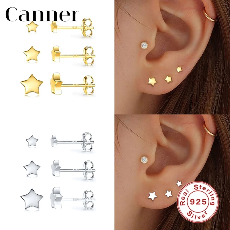 Canner 3 unid/set Pendientes para mujer Plata de Ley 925 Pendientes de botón Pendientes estrella pentagrama Stud Piercing Pendientes joyería fina Aretes W5