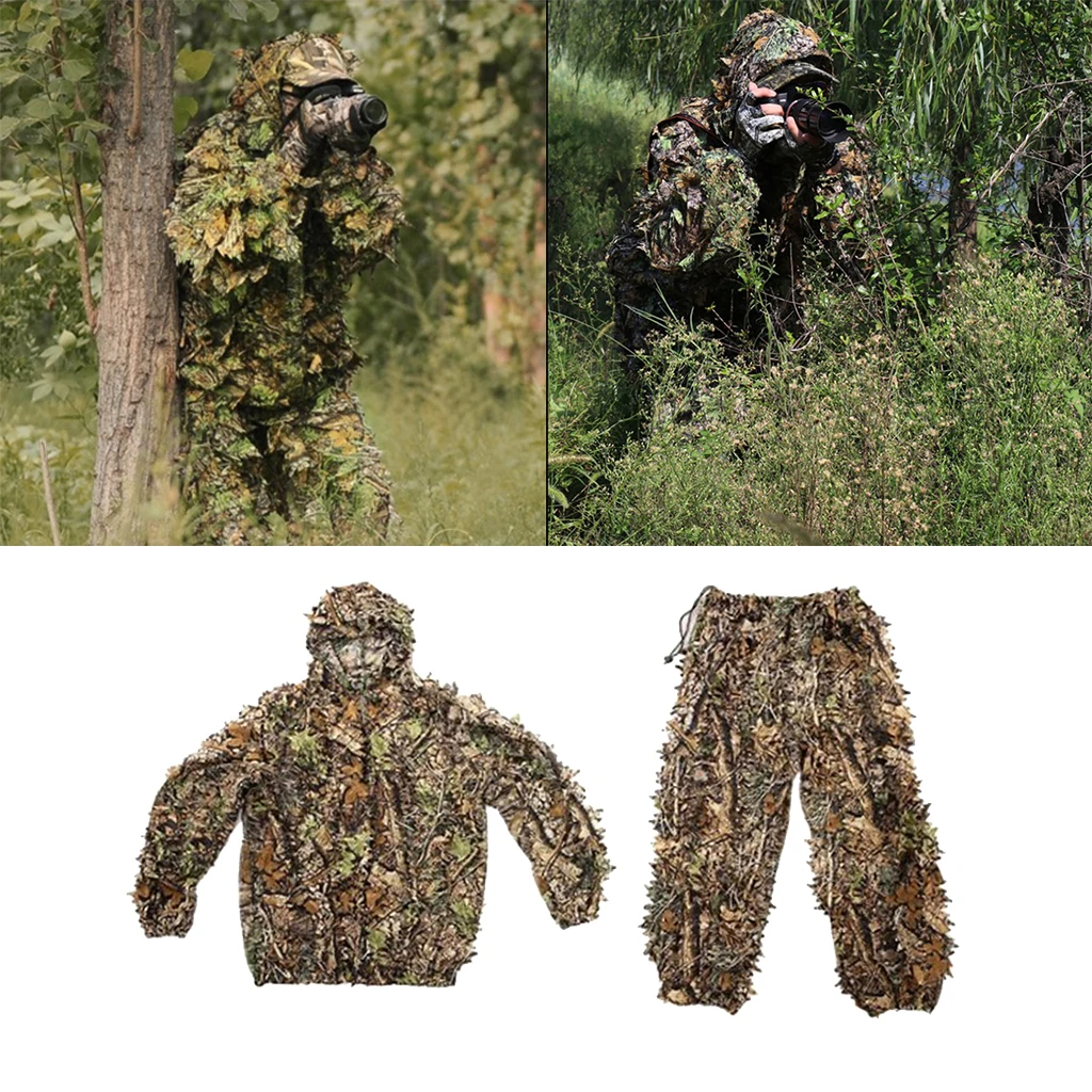 New Hunting clothes 3D Leaves Huntting Camouflage Clothes Ghillie Suit Jacket Hooded Pants Jungle Youth Adult Clothing Suit