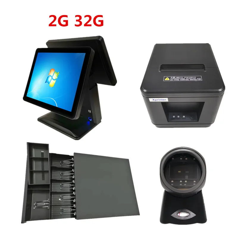 black 2G 32G Сенсорная pos-система 1" Дуральный экран кассовый аппарат и кассовый ящик 80 мм Термопринтер автоматический резак и сканер штрих-кода - Цвет: black 2G 32G