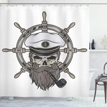 

Skull Shower Curtain Captain Pirate Skull in Sailor Hat with Beard and Pipe Nautical Print Cloth Fabric Bathroom Decor