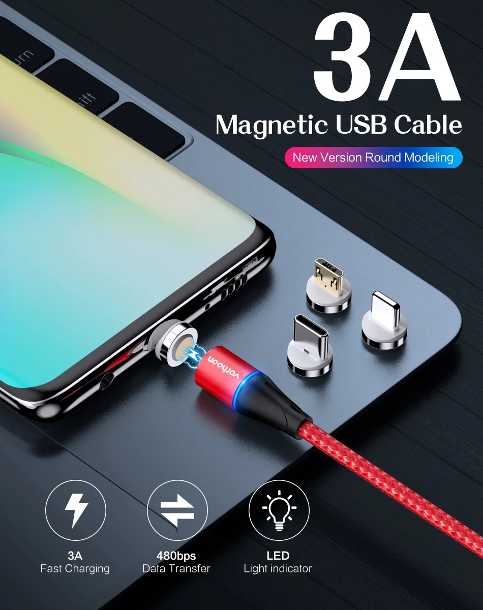 Магнитный usb-кабель Vothoon 3A для быстрой зарядки, кабель Micro USB type-C для iPhone 11Pro, samsung S10, Xiaomi 9se, магнитное usb-зарядное устройство