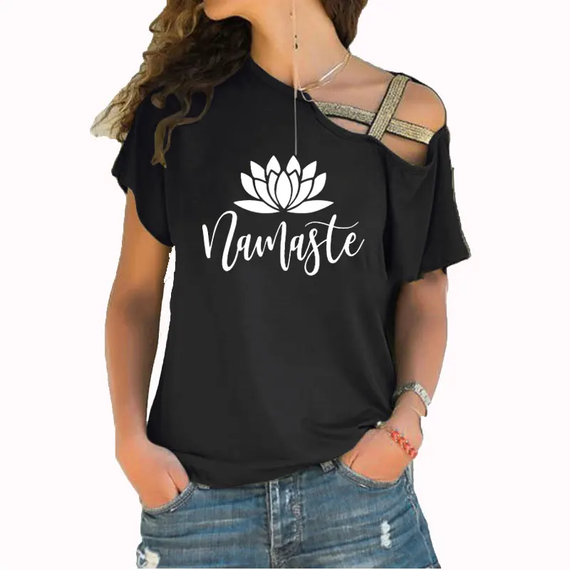 Fashion Namaste Flower Print Shirt Harajuku Vegan Plant Lover Gift Off Women Irregular Skew Cross Tops | Женская одежда