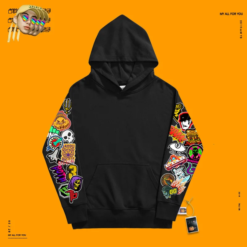 Long-sleeved clothes one piece slim hoodiescustom hoodies Double sleeves funny cartoon print fashion pile fabric leisure coat - Цвет: black