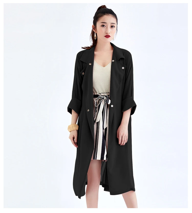 

Hot Sale 2020 Summer Chiffon Windbreaker Women Long Loose Autumn Trench Coat For Women Belt Coats Lady Office Work Wear LX186
