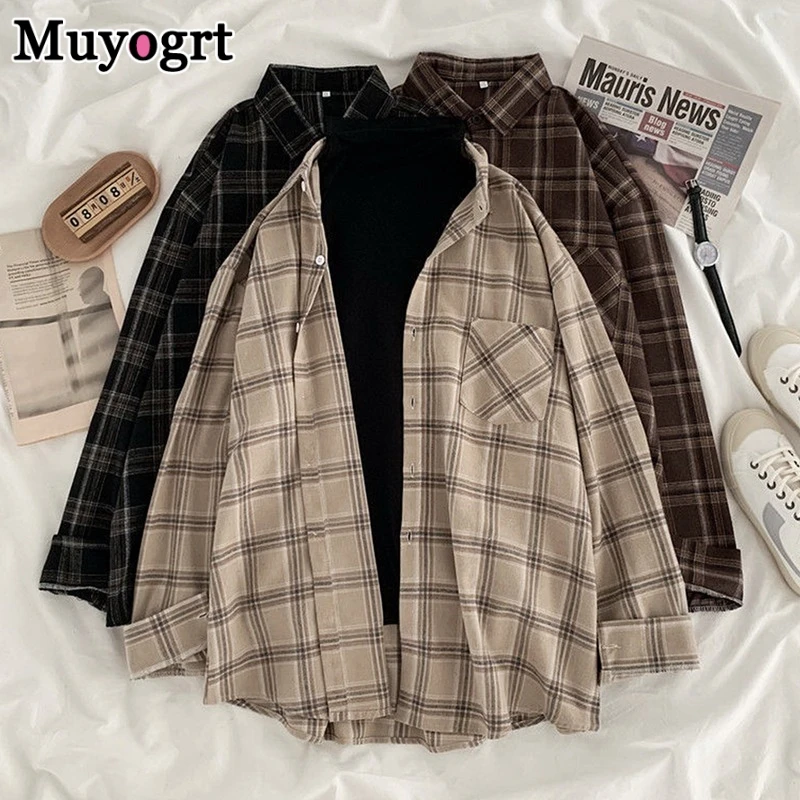 Muyogrt Women Shirt Plaid Oversized Brown Top Turn-down Collar Leisure Fashion Loose All-match Long Sleeves Soft Chic Korean Top