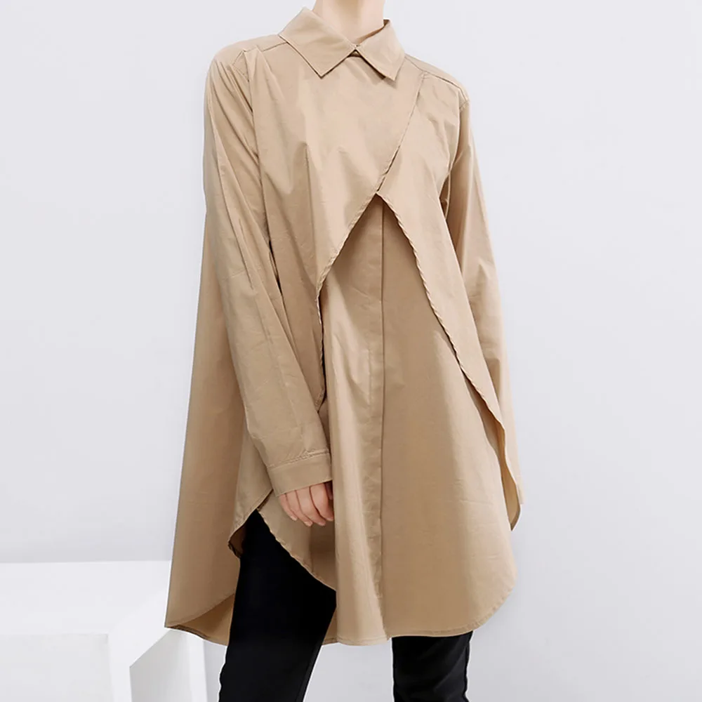 

Autumn Women Blouse 2019 Korean Chic Style Loose Long Sleeve Irregular Shirts Causal Office Ladies Tops Streetwear Black/Khaki