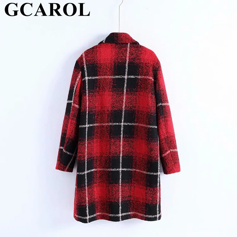 GCAROL New Women Check Overcoat Notched Collar Double Breasted Plaid Red Coat Oversize OL Office High Street Outfits