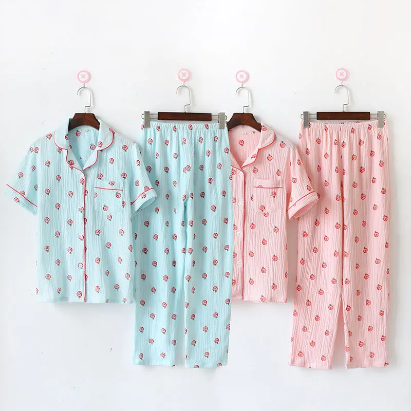 

Spring Summer Women's Short Sleeve Trousers Home Wear Washed Cotton Crepe Two-Piece Set Students Casual Large Size Pure Cotton P