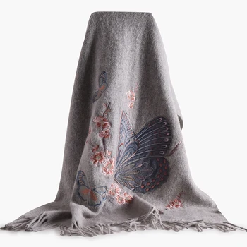 

Wool Scarf Women Butterfly Embroidery Tassels Wool Shawls Wraps Ladies Winter Fashion Large Size Thick Warm Sheep Wool Scarves